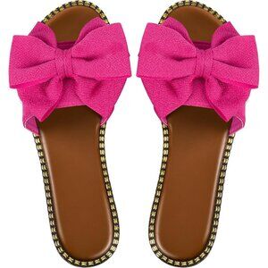 Women's Pink Brown Bow Knot Open Toe Slip On Slides Flat Slippers Sandals